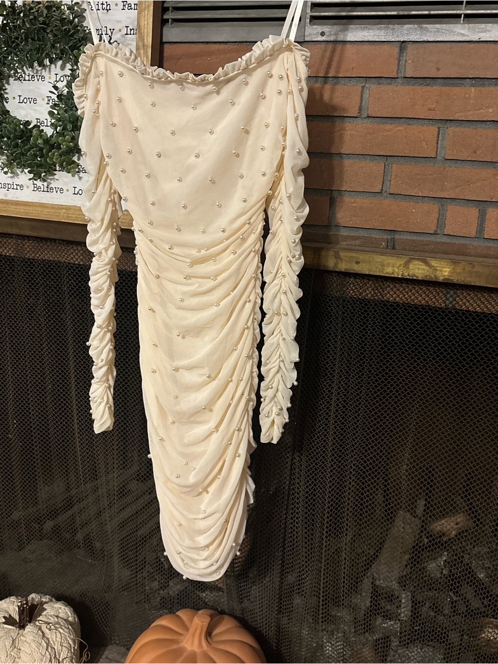 Windsor Cream Pearl-Embellished Ruched Long Sleeve Dress